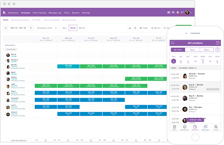 Homebase weekly schedule grid showing employee shifts by day and role, next to a mobile view of today's shifts and open positions to fill.