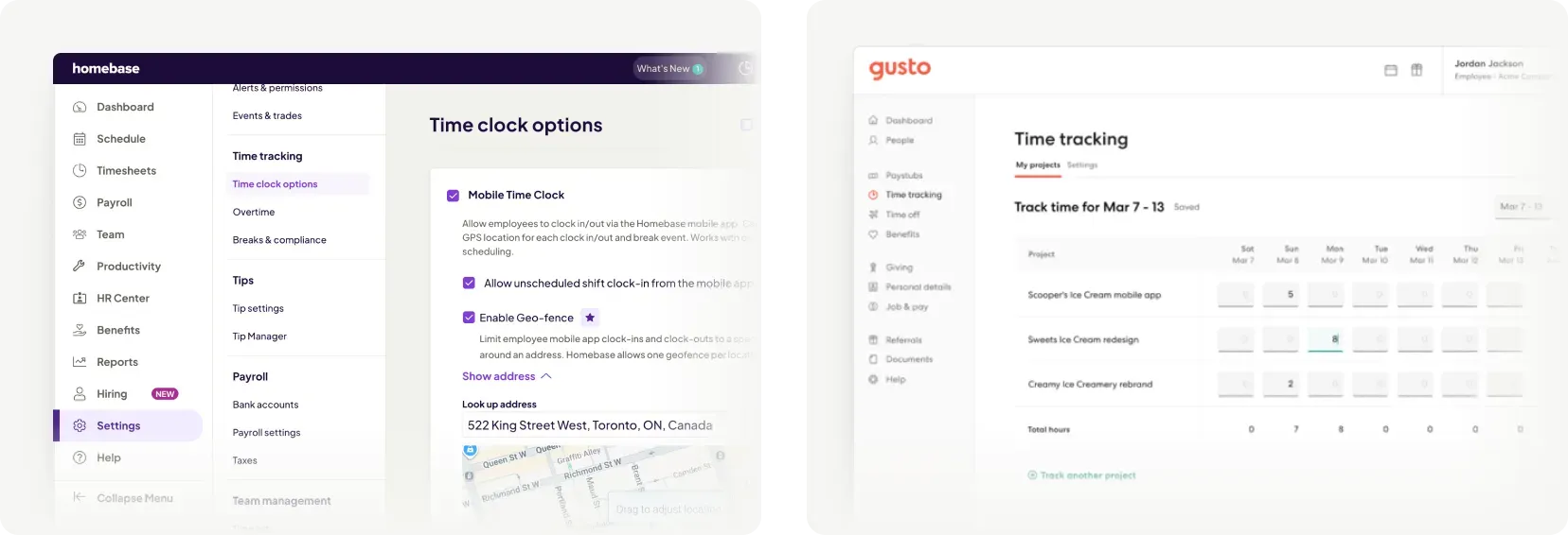 Homebase and Gusto time clock with GPS geofencing and time tracking for employees