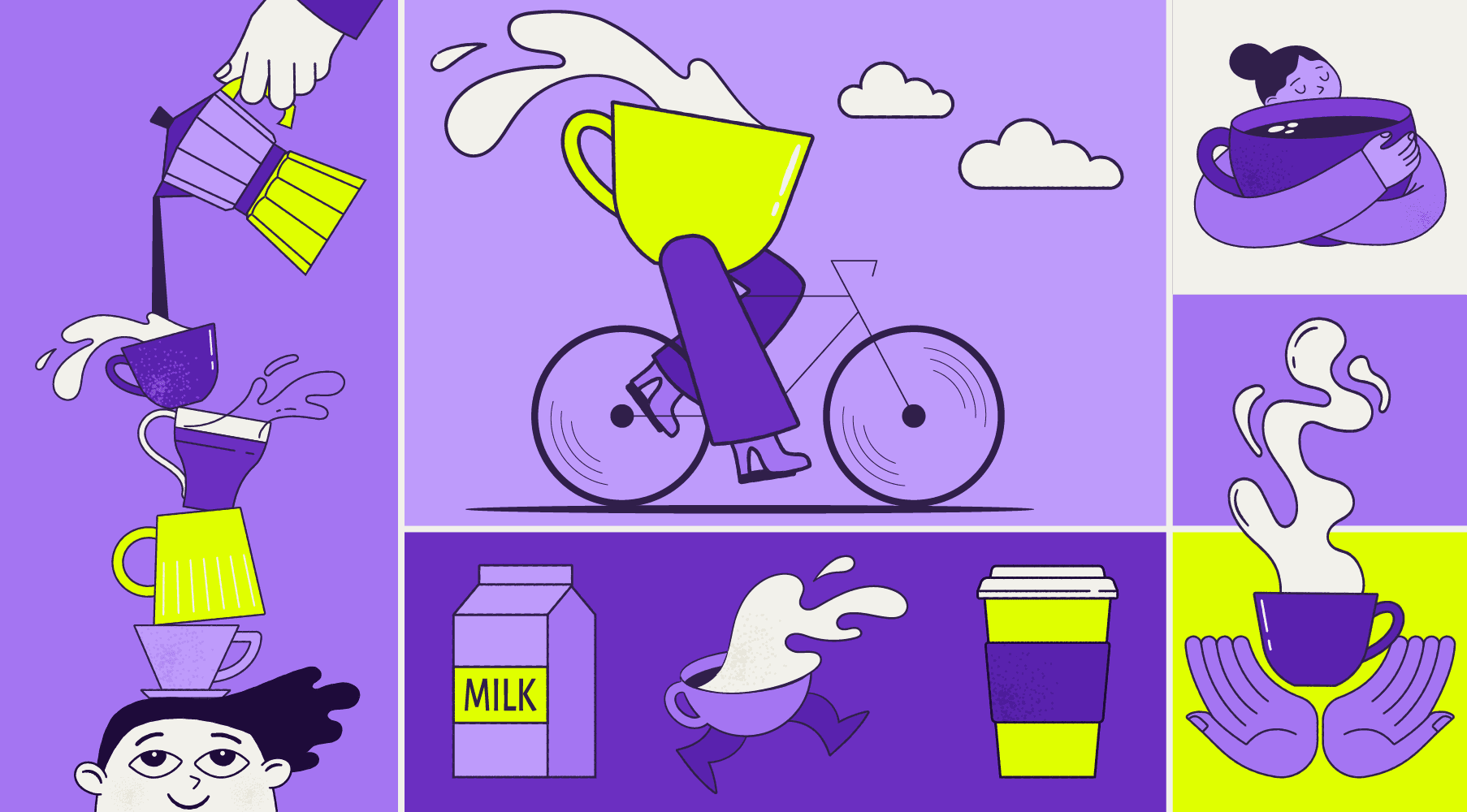 Illustration collage of coffee scenes, coffee cups, and brewing tools.