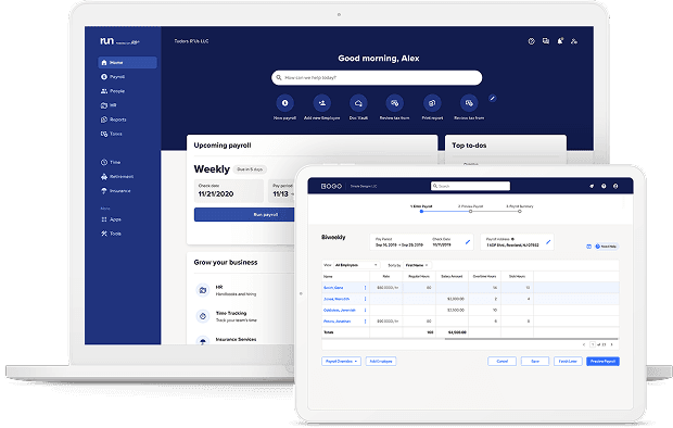 ADP Run payroll dashboard showing pay run summary and automated tax filing status for small businesses