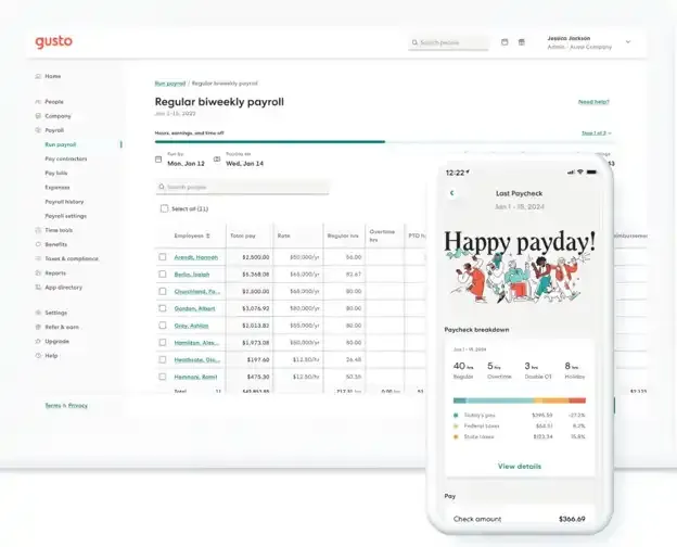 Gusto payroll software showing automated tax calculations and direct deposit for small business teams