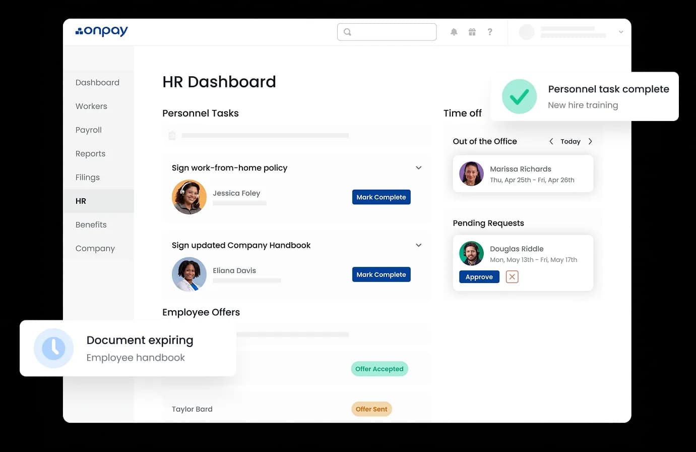 OnPay payroll and HR software showing flat-rate pricing and automated tax filing for small business teams