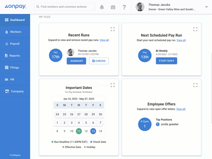 OnPay payroll dashboard showing a pay run with automated tax filing and direct deposit for small business