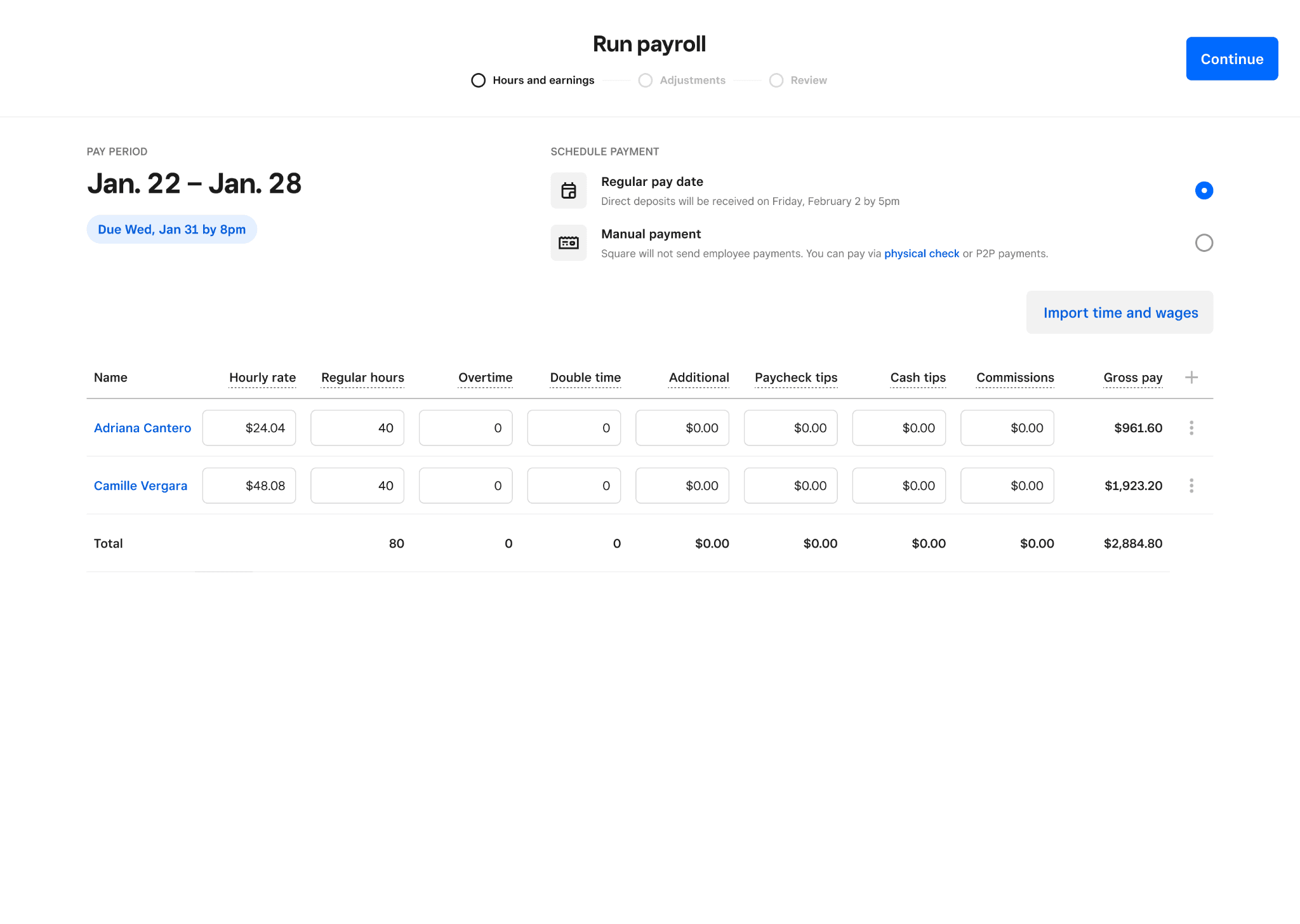 Square Payroll dashboard showing hours and tips automatically imported from Square POS for a pay run