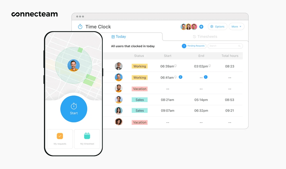 Connecteam time card dashboard showing employee clock-ins, GPS locations, and timesheet approvals.