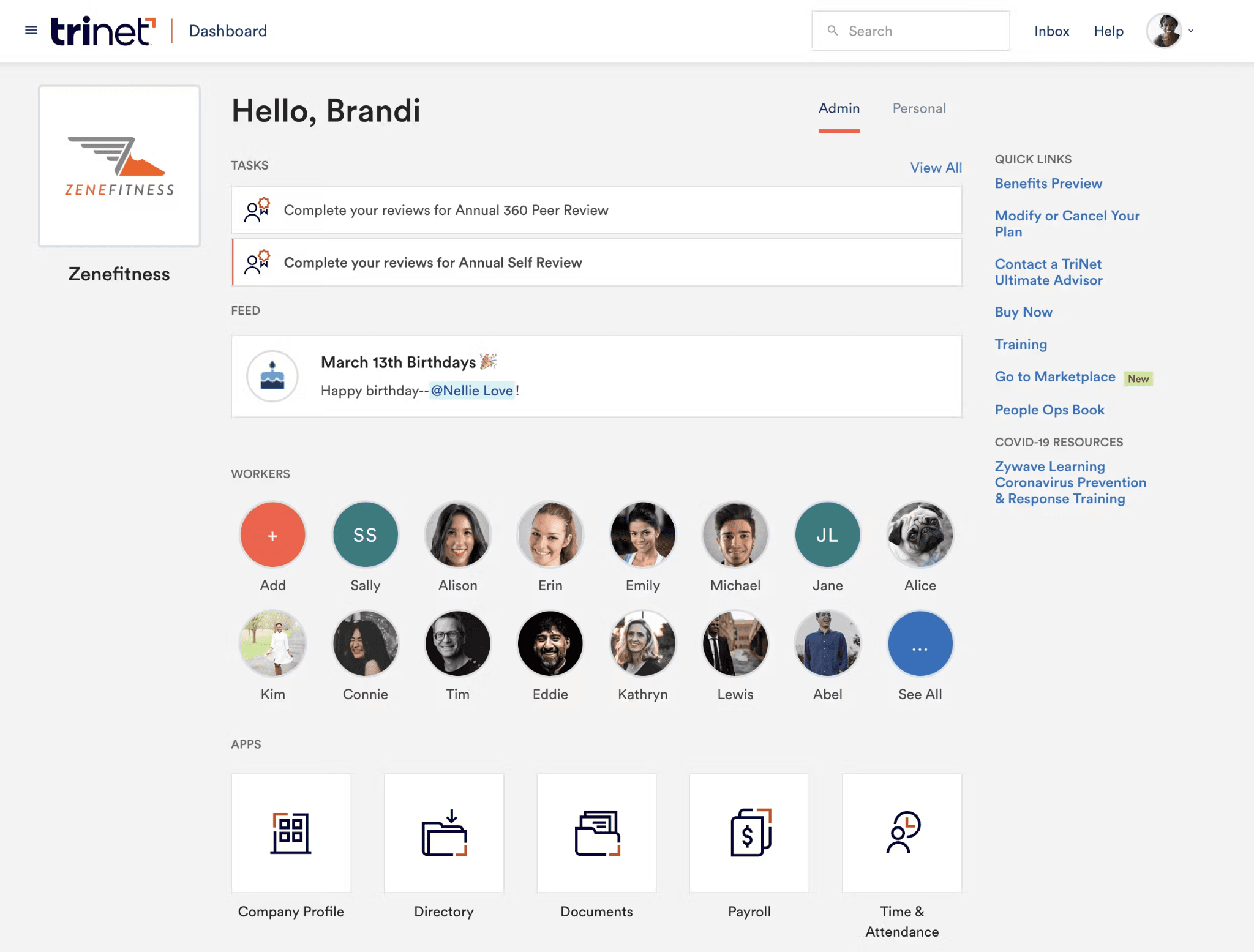 TriNet HR Plus dashboard showing HR management tools, benefits administration, and compliance monitoring