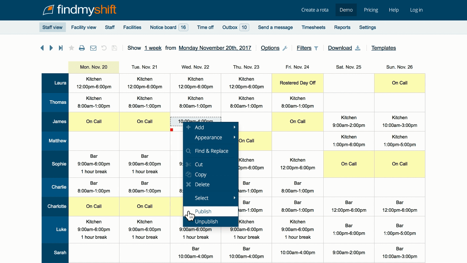 Findmyshift drag-and-drop roster scheduling interface for small teams