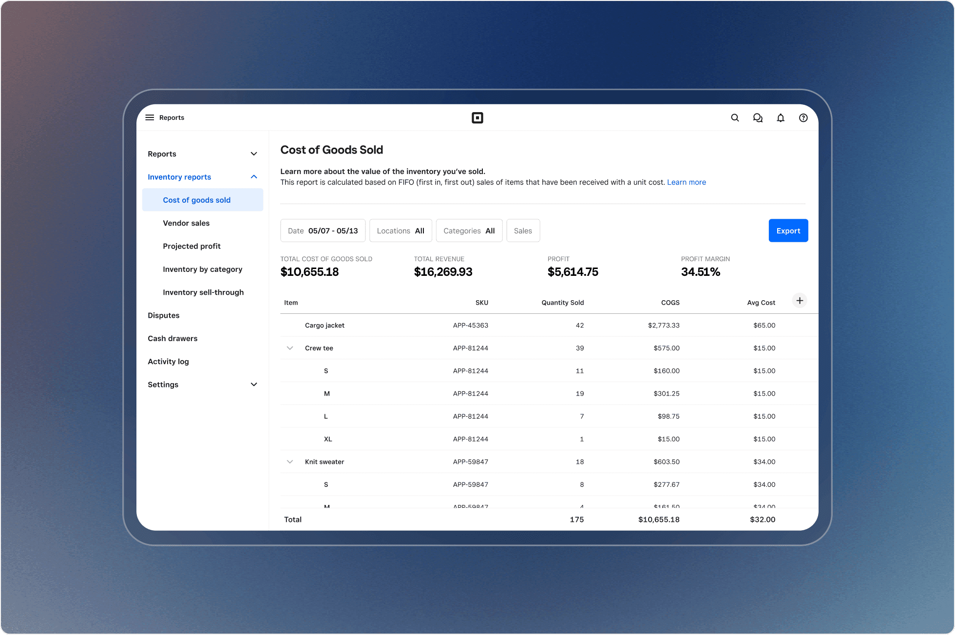 Square for Retail POS dashboard showing real-time inventory tracking and sales reporting for a small retail store
