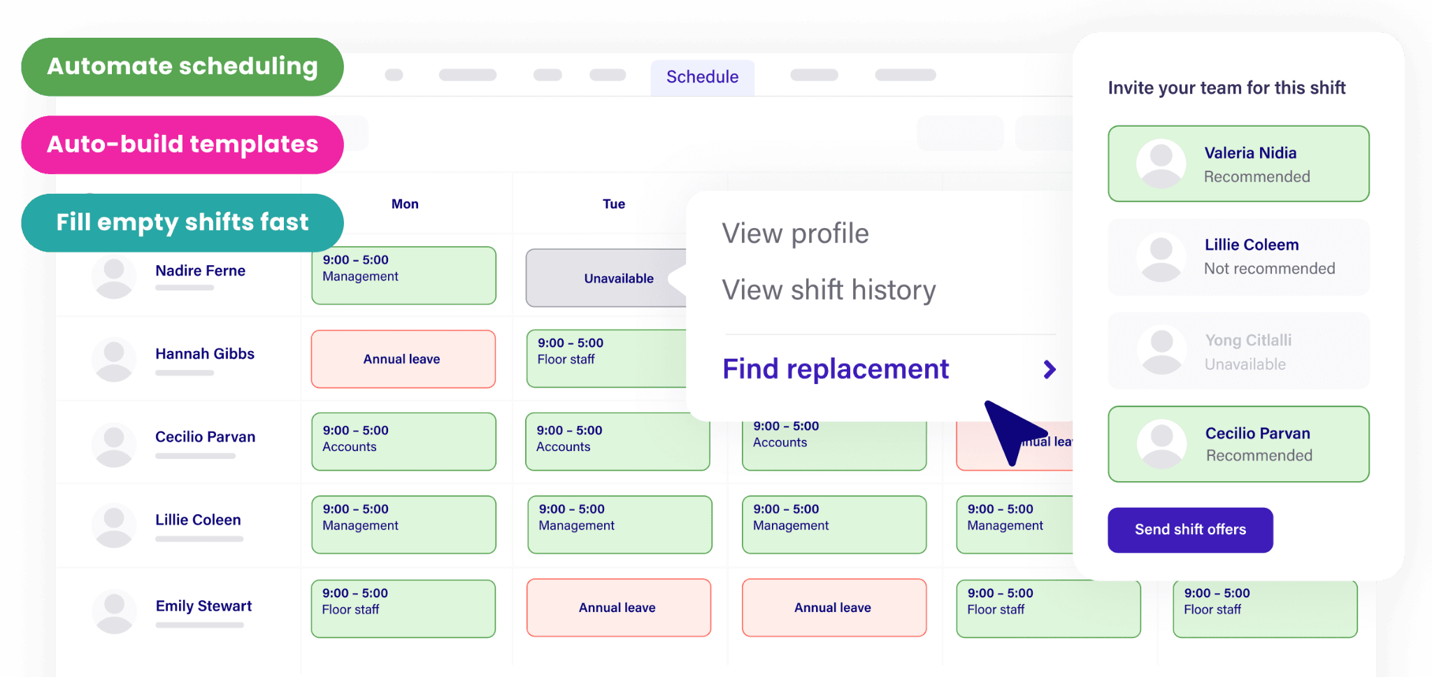 Deputy scheduling dashboard displaying shift assignments and employee availability