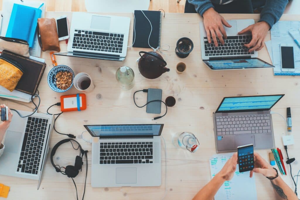 People working at computers at a small business