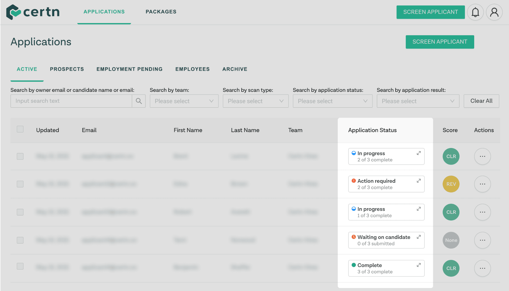 Certn employer screening dashboard showing international background check status and candidate portal