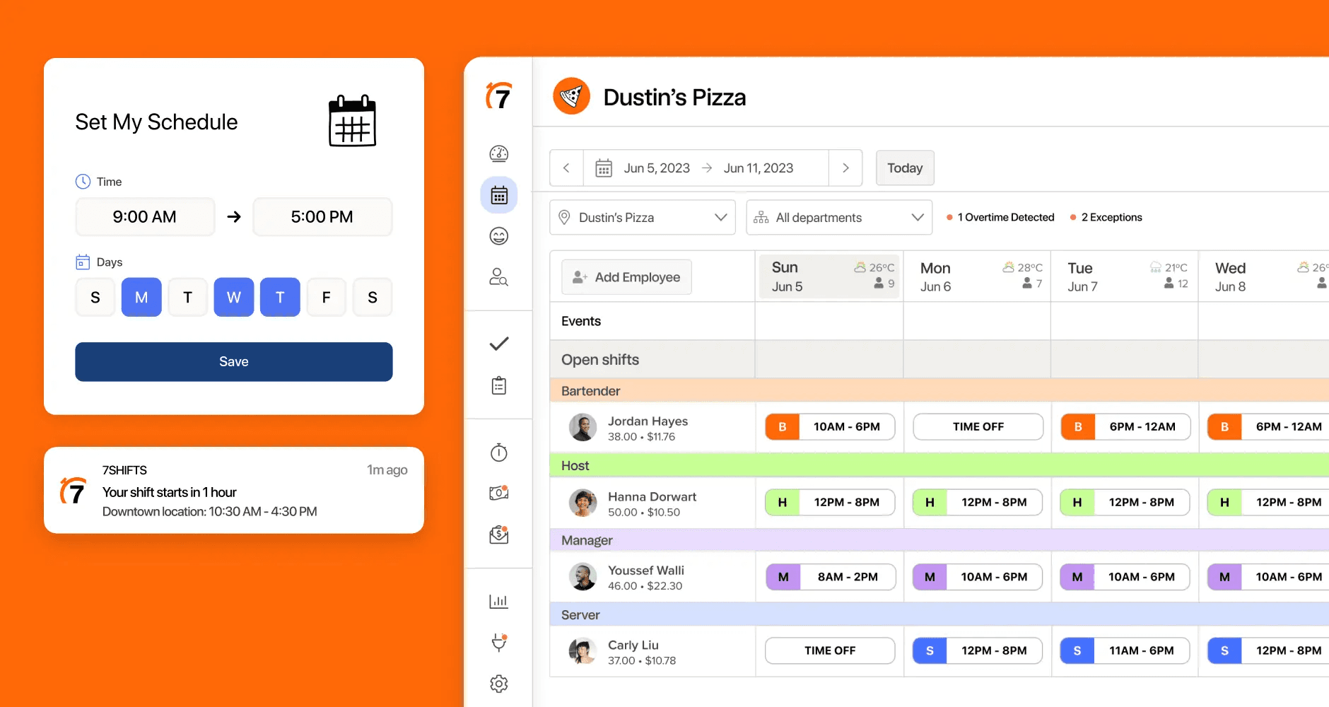 7shifts employee scheduling software dashboard showing employees, scheduled shifts, hours worked, and labour costs.