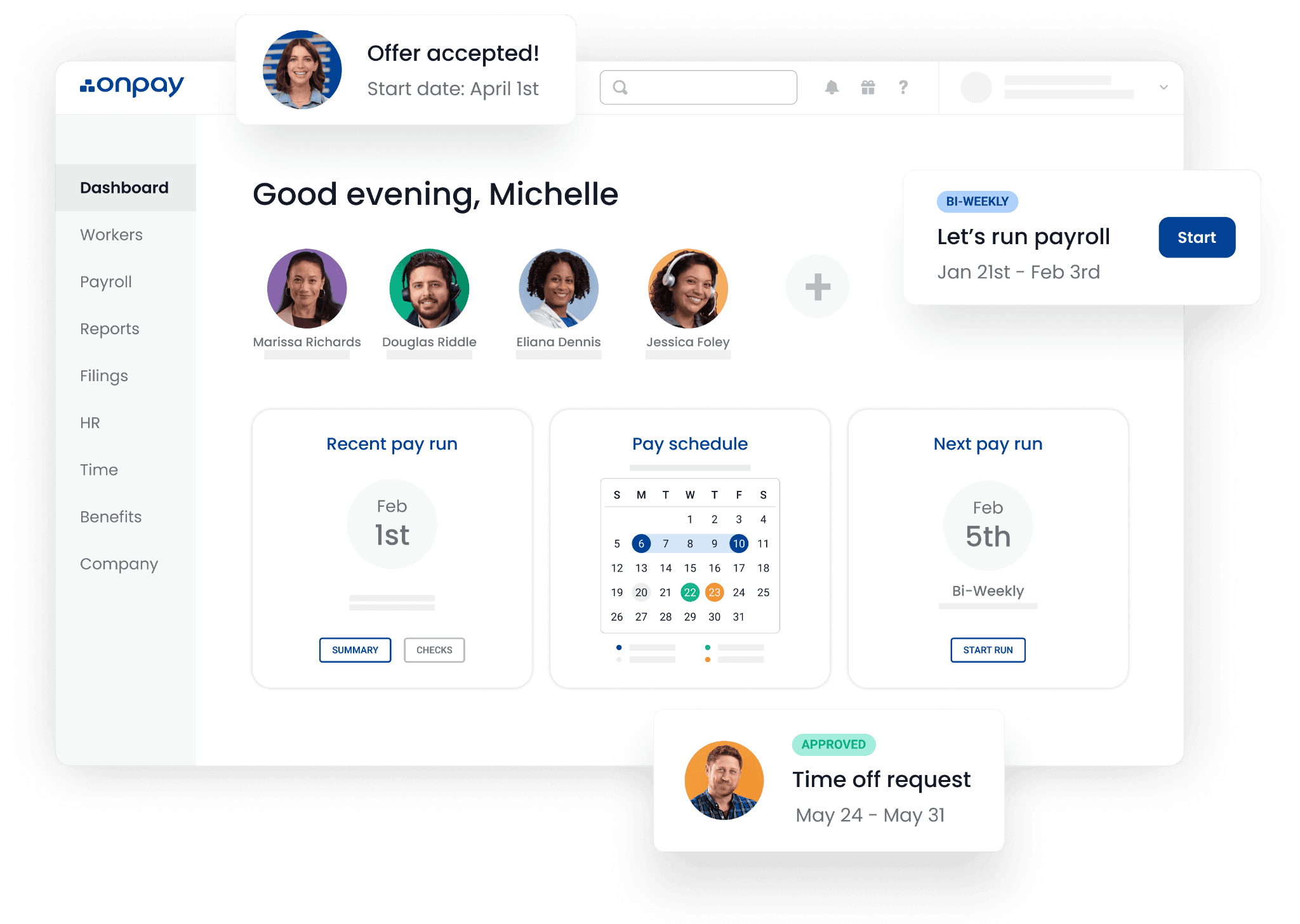 OnPay payroll dashboard showing multi-state employee pay run, tax filing, and flat-rate pricing summary