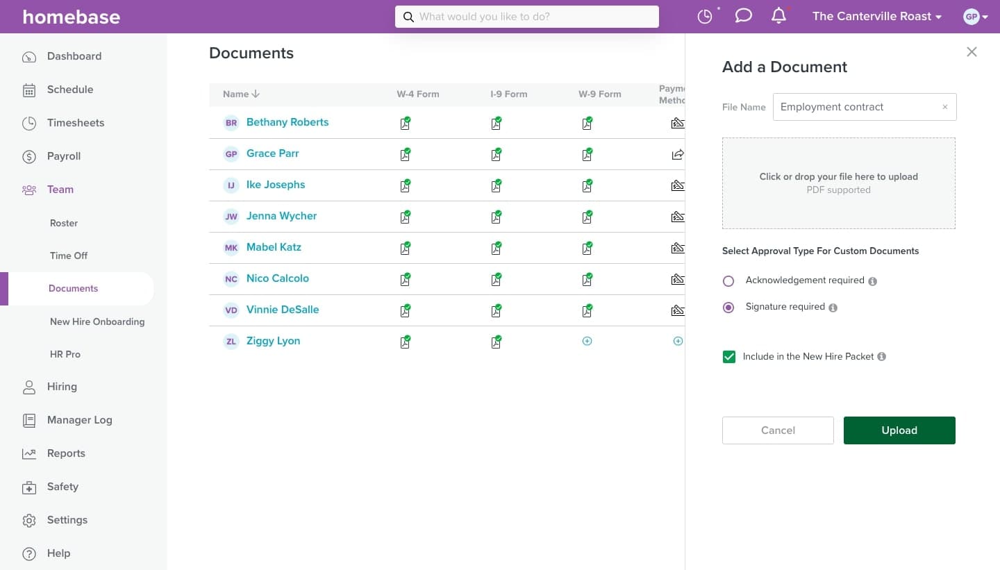 A screenshot of Homebase's document management feature.