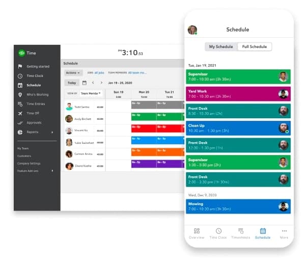 Overlapping screenshots of the desktop and app scheduling features on QuickBooks.