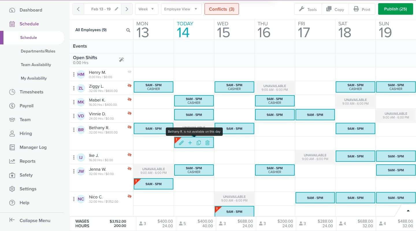 A screenshot of a Homebase schedule with a conflict alert.