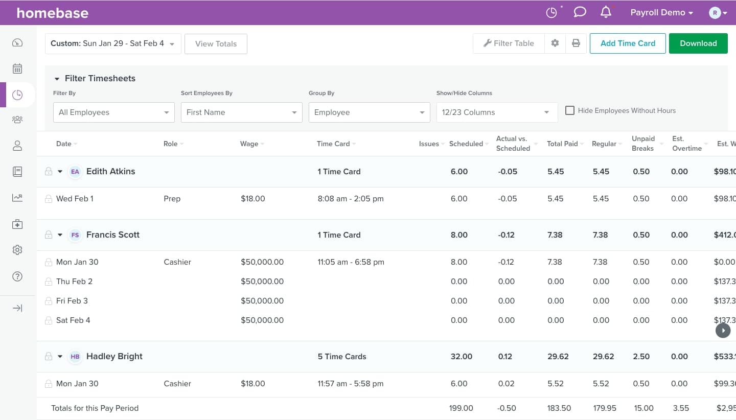 A screenshot of Homebase timesheets.
