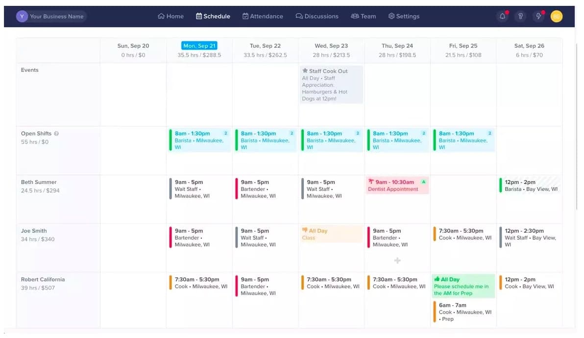 A screenshot of a ZoomShift schedule.
