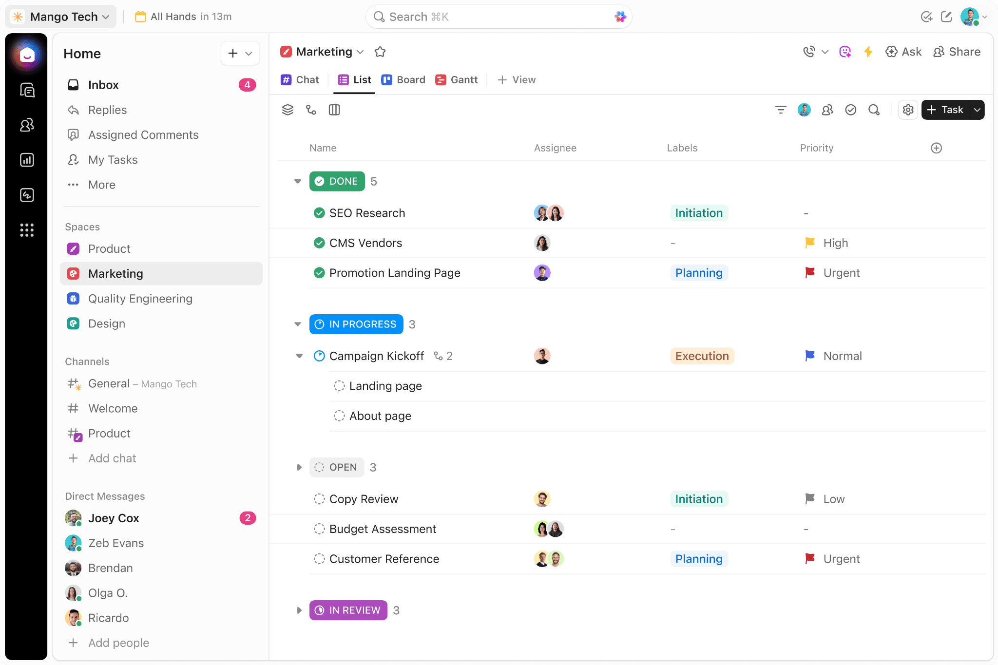 ClickUp task management overview showing employees and their assigned tasks.