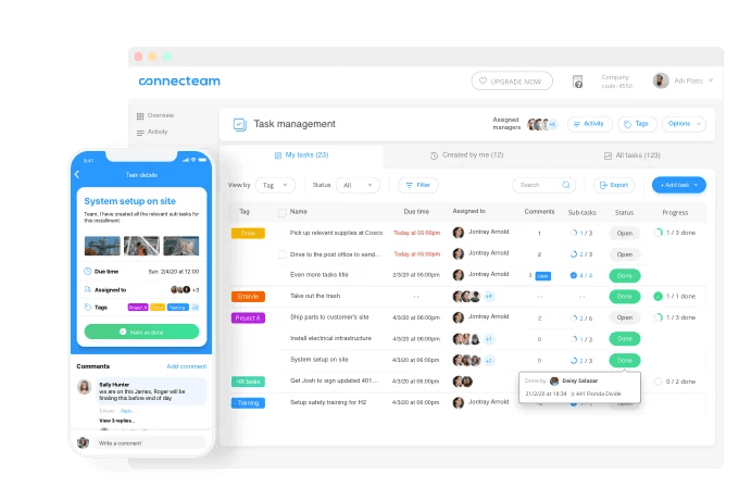 Connecteam task management overview showing employees and their assigned tasks.