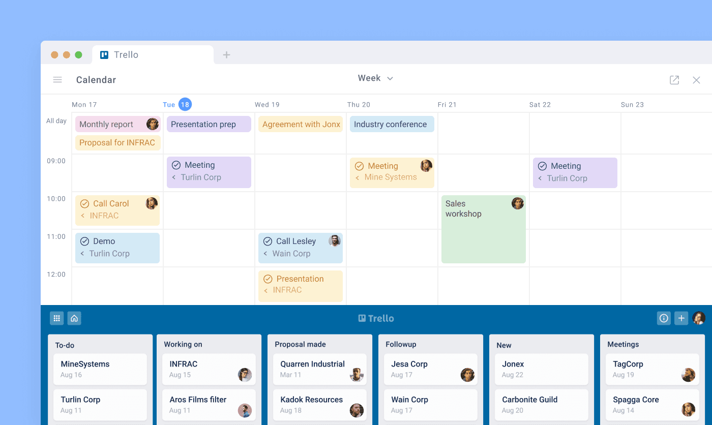 Trello task management overview showing employees and their assigned tasks.