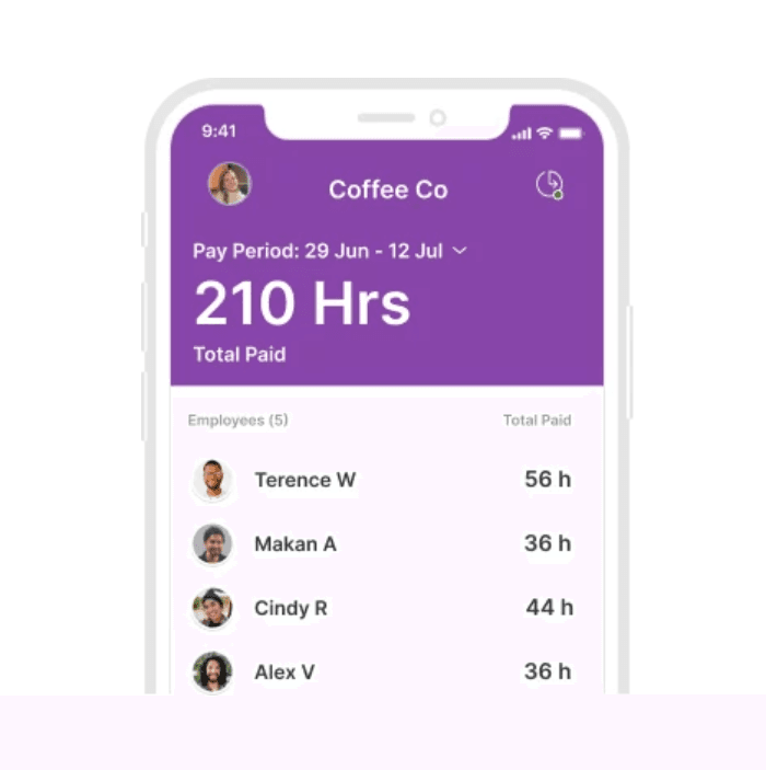 screenshot of Homebase Timesheets app showing employee hours paid for between 29th June and 12th July