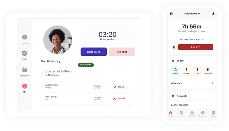 Screenshots of the employee version of Deputy's time clock app on a tablet and a mobile