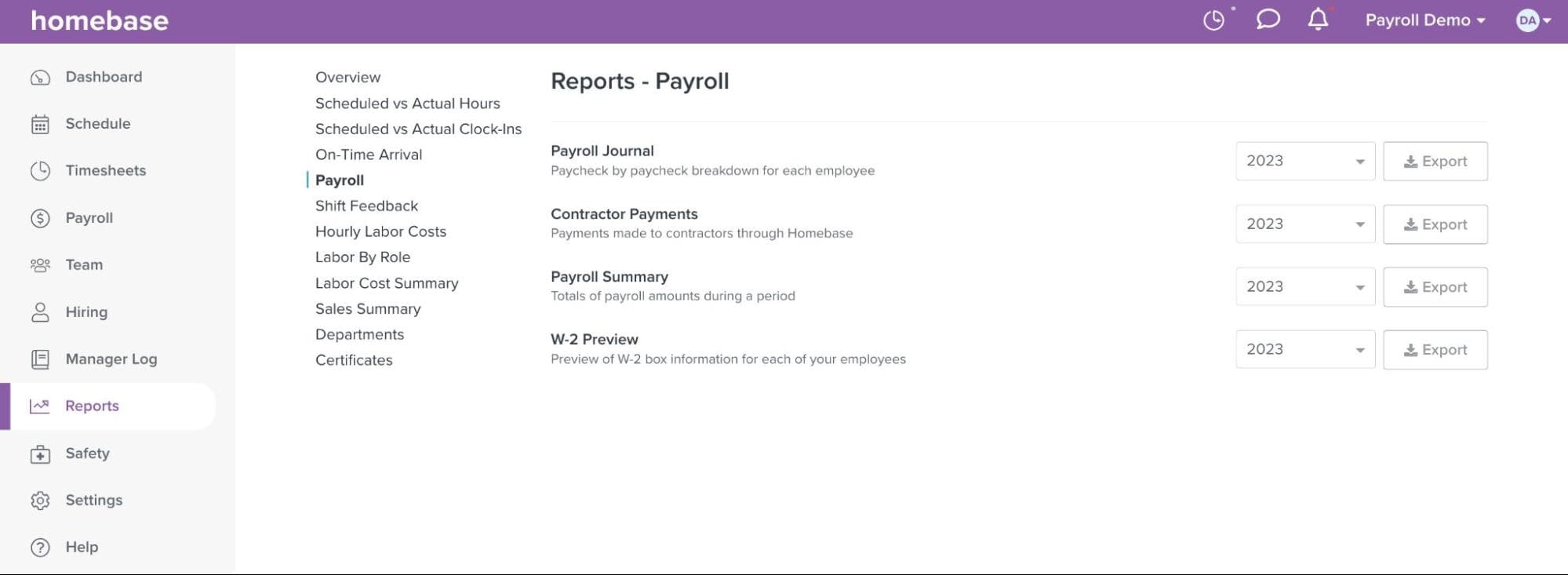 A screenshot of a Homebase payroll report.