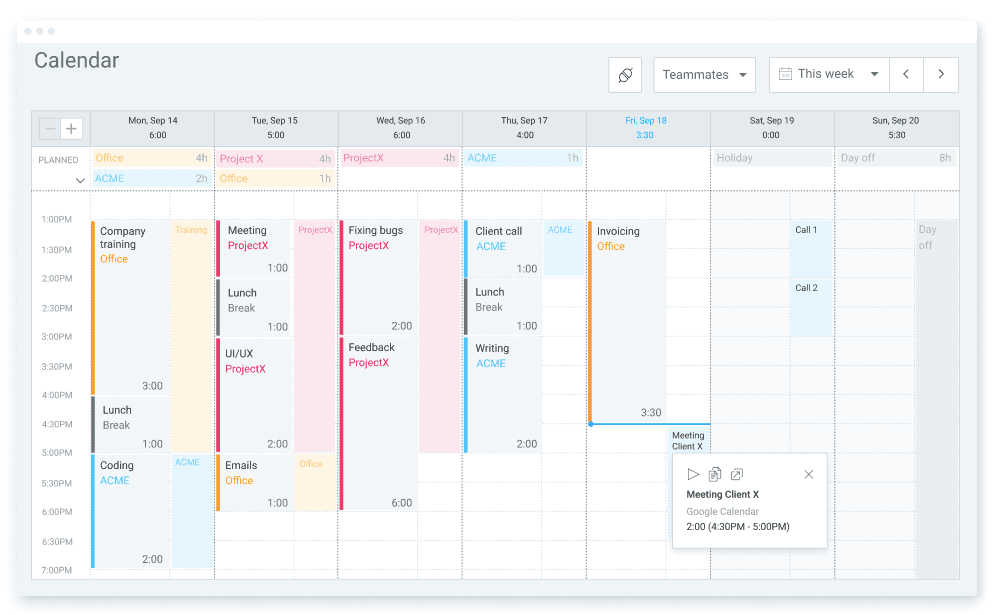 A screenshot of Clockify's calendar tool.