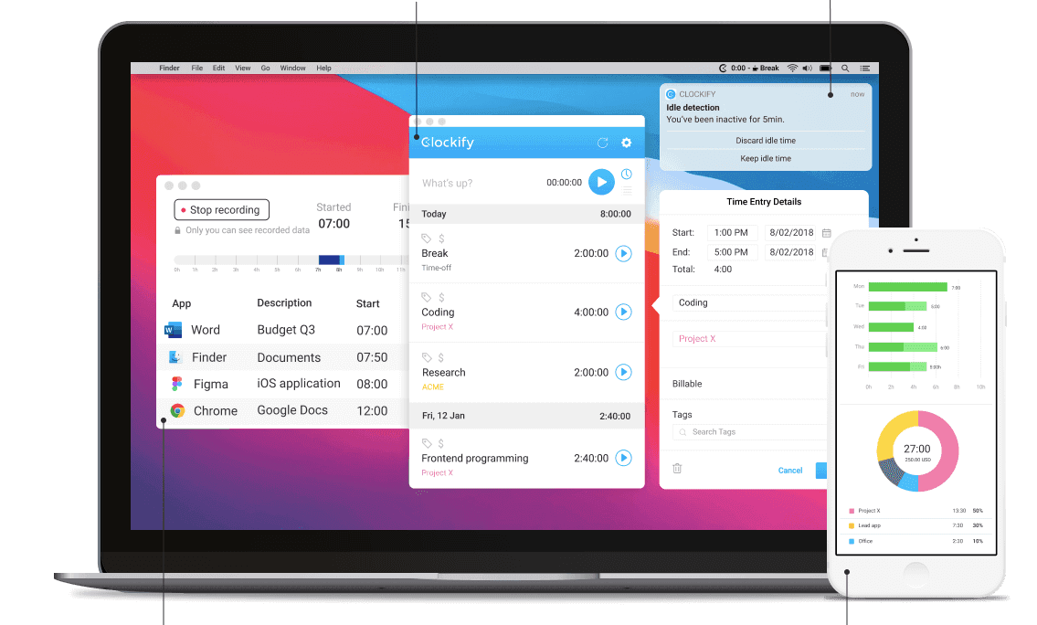 A screenshot of Clockify's mobile app and browser interface.