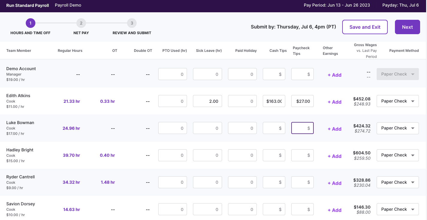 A screenshot of Homebase's built-in, full-service payroll tool.