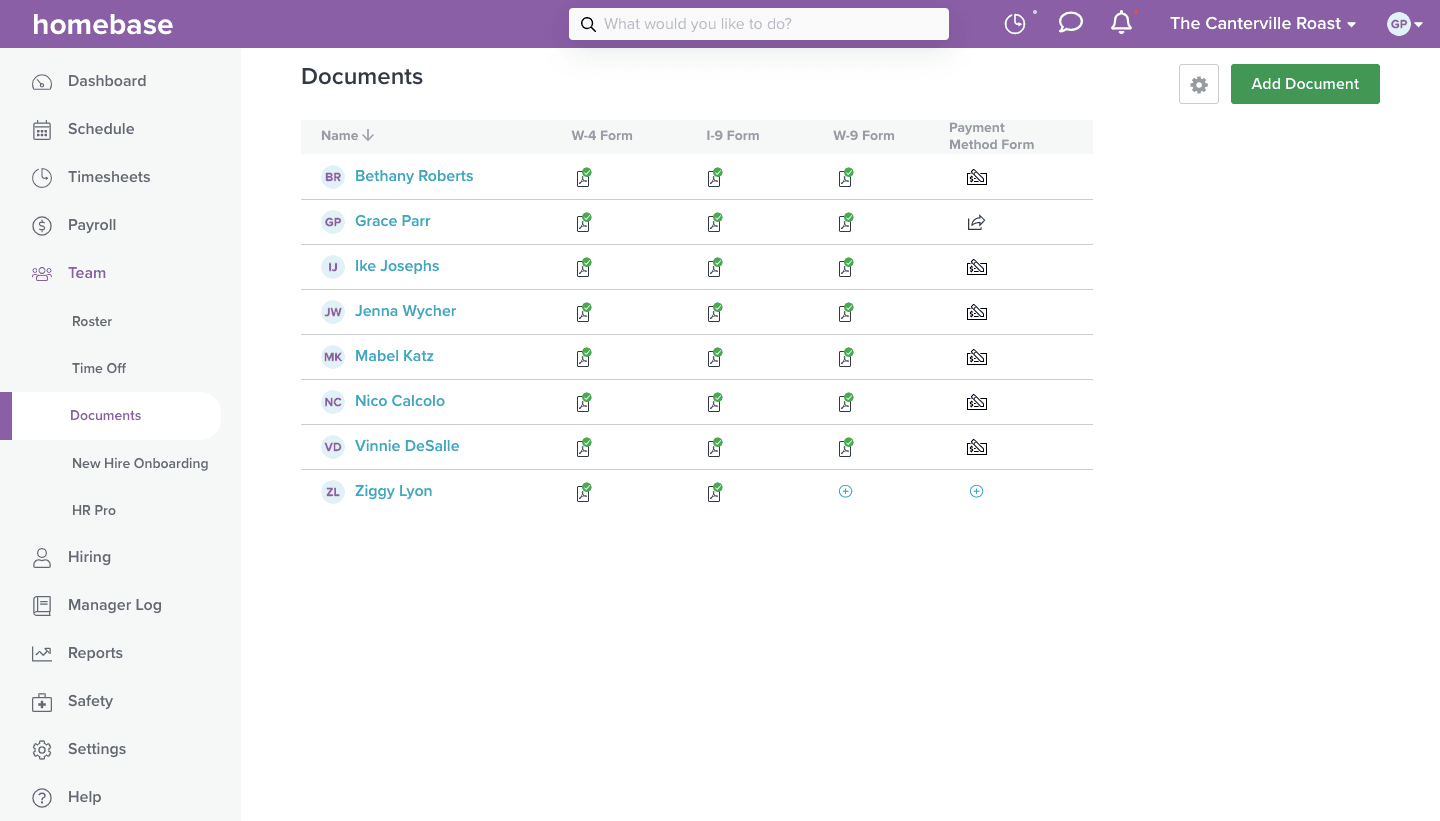 A screenshot of the document management feature within Homebase.