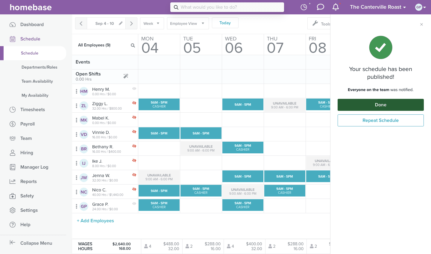 A screenshot of a finished Homebase schedule.