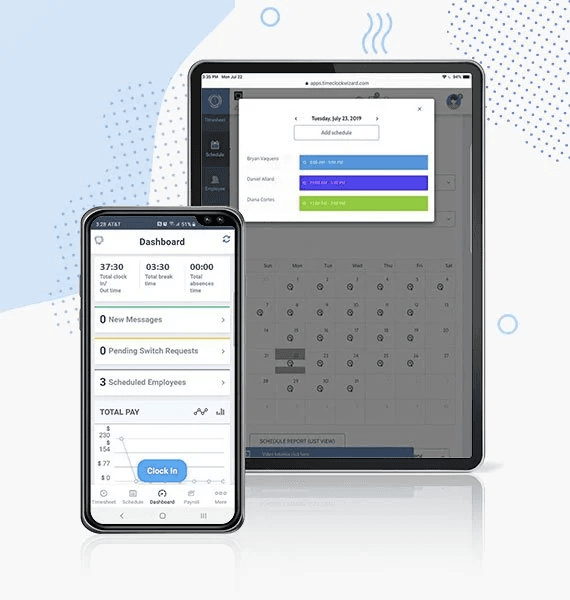 Overlapping graphics of the Time Clock Wizard mobile and tablet app.