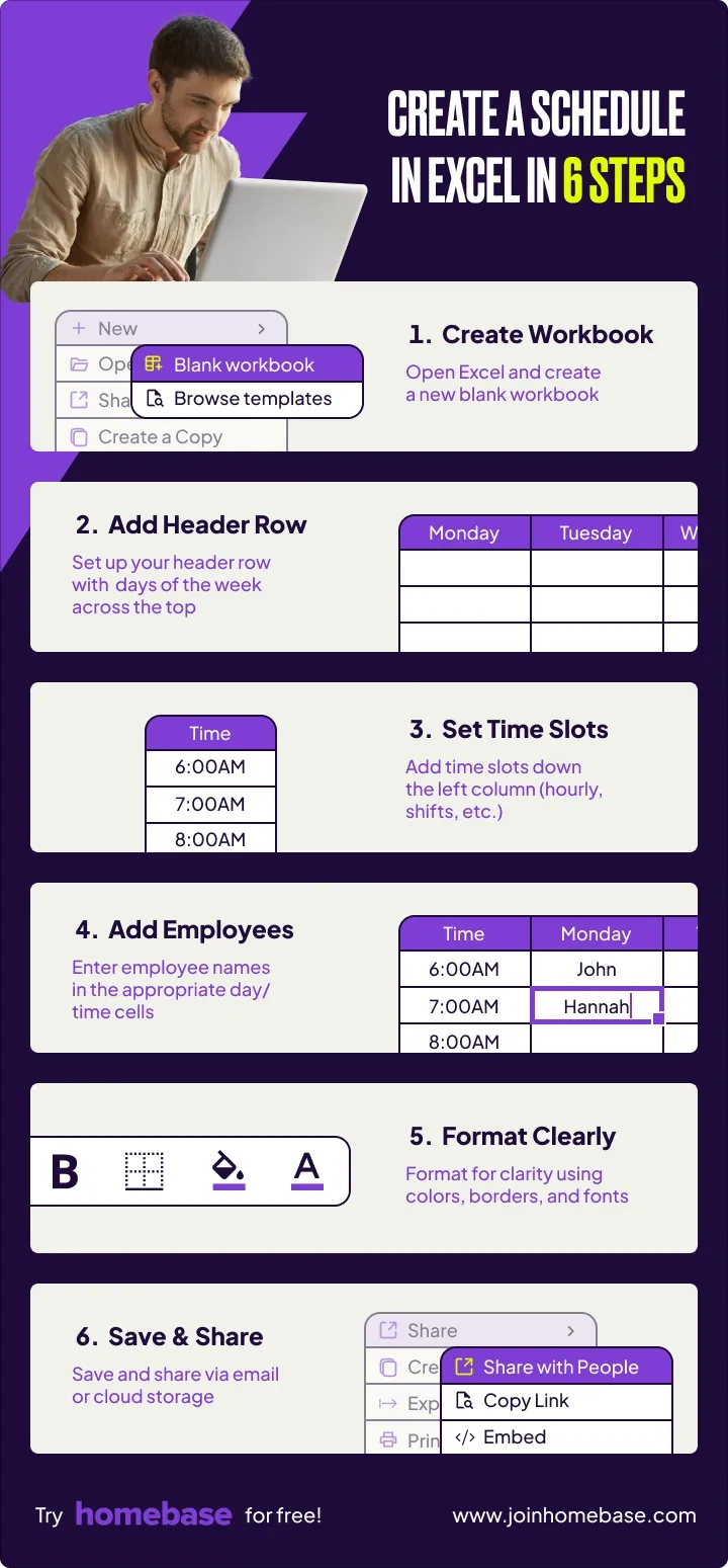 Step by step guide showing how to make a schedule in Excel.