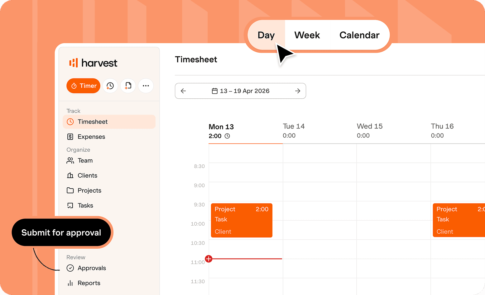 Harvest invoice generation screen showing tracked hours converted to itemized client invoice with payment options