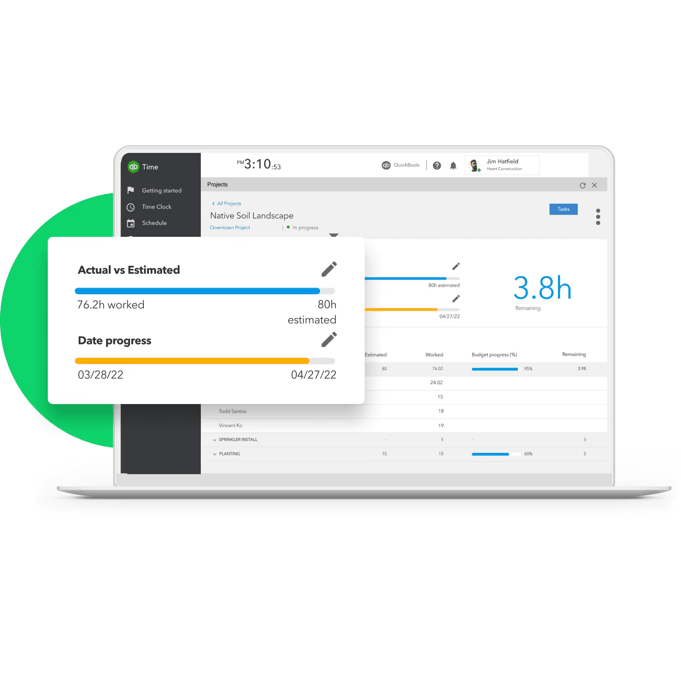 QuickBooks Time timesheet dashboard showing employee hours syncing directly to QuickBooks payroll