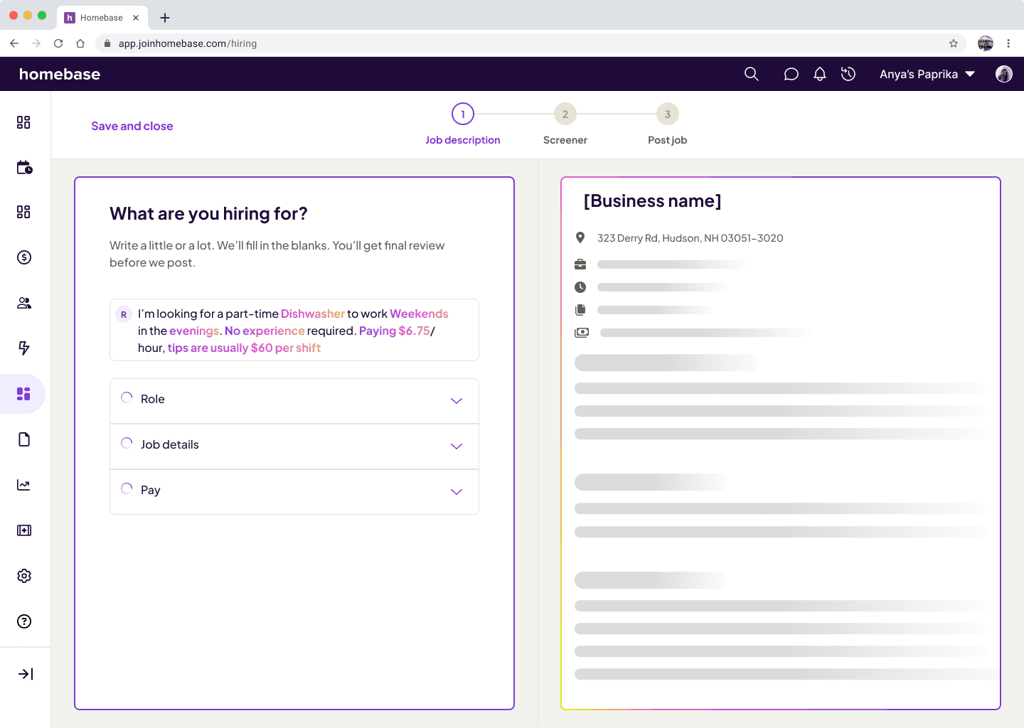 A screenshot of the Hiring Assistant generating a job description for a potential client.