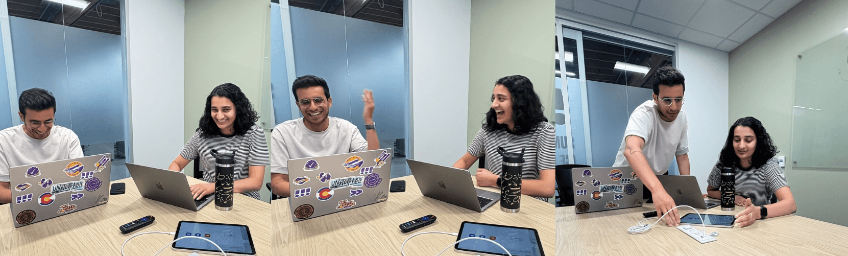 Two Homebase employees, Dana and Fadi, working away on Hiring Assistant in the Homebase office.