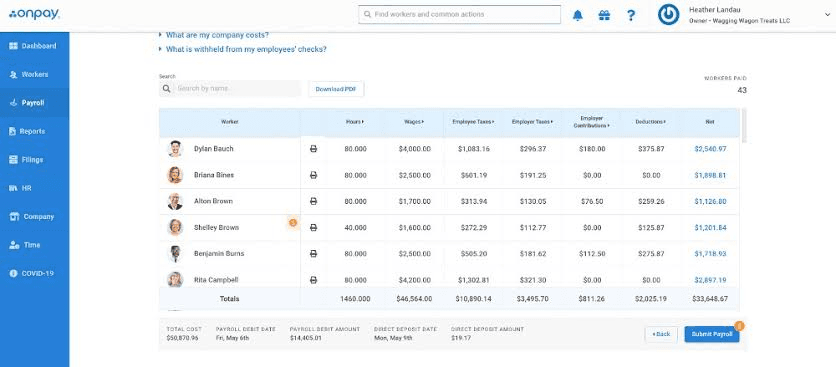 OnPay single-plan payroll interface showing an employee pay summary.