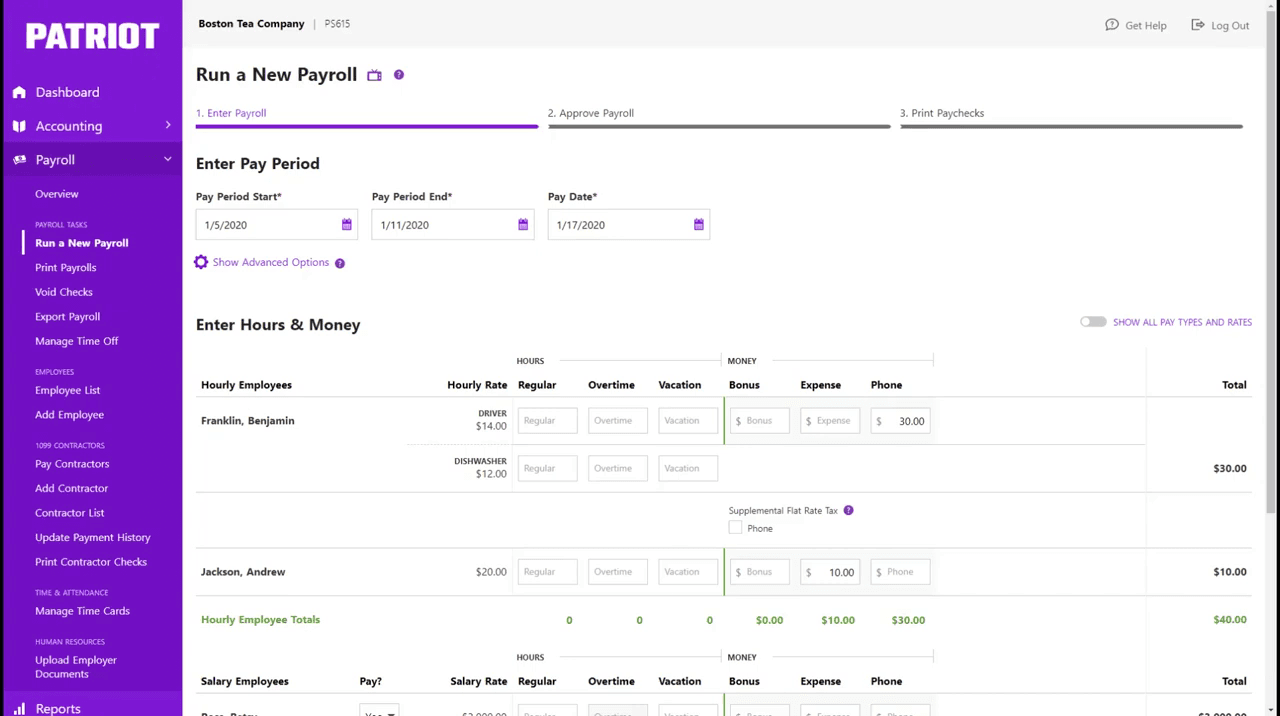 Patriot Software payroll interface showing plan options for a budget-conscious small business.
