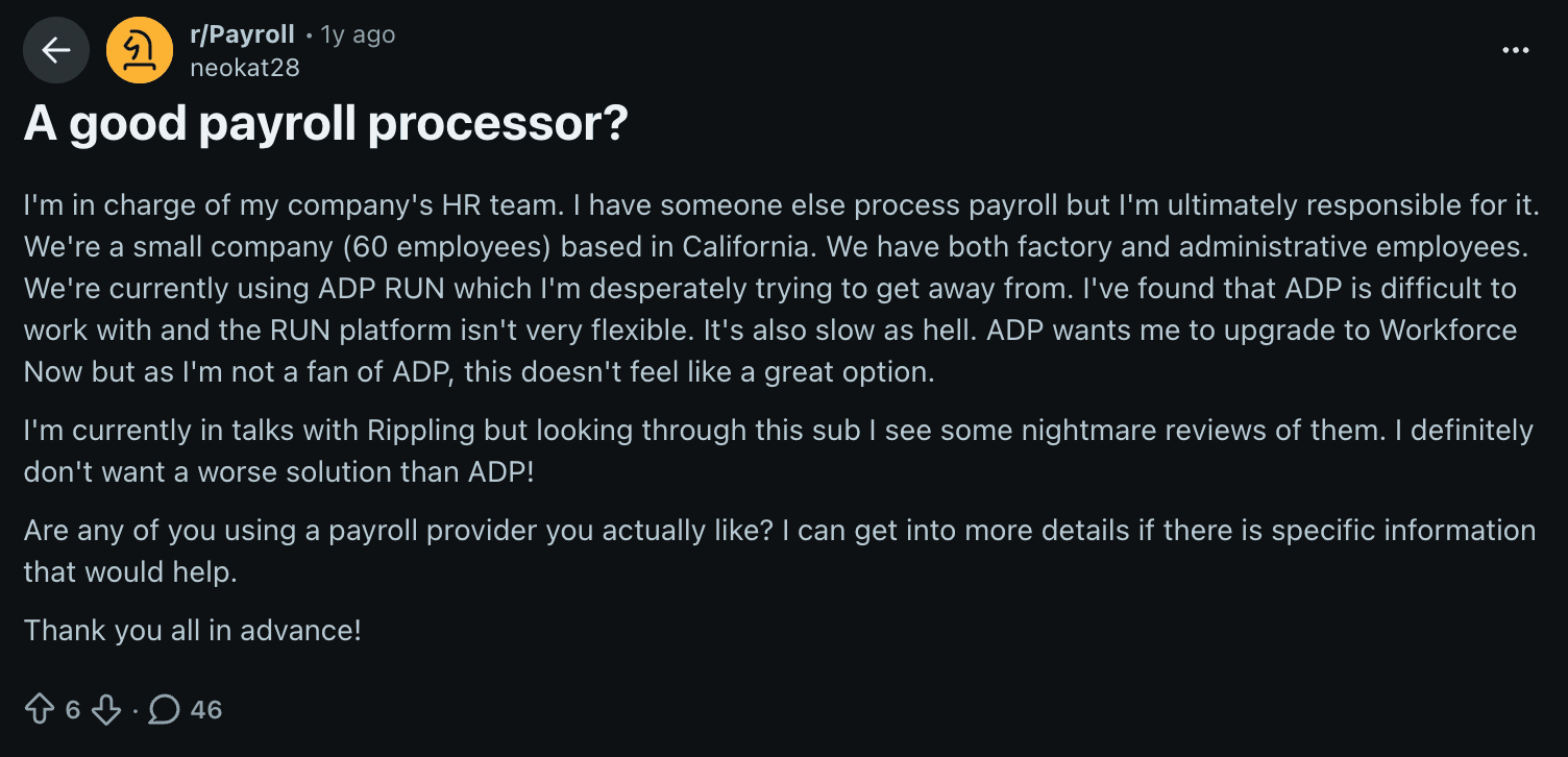 A discussion about payroll processors on r/payroll