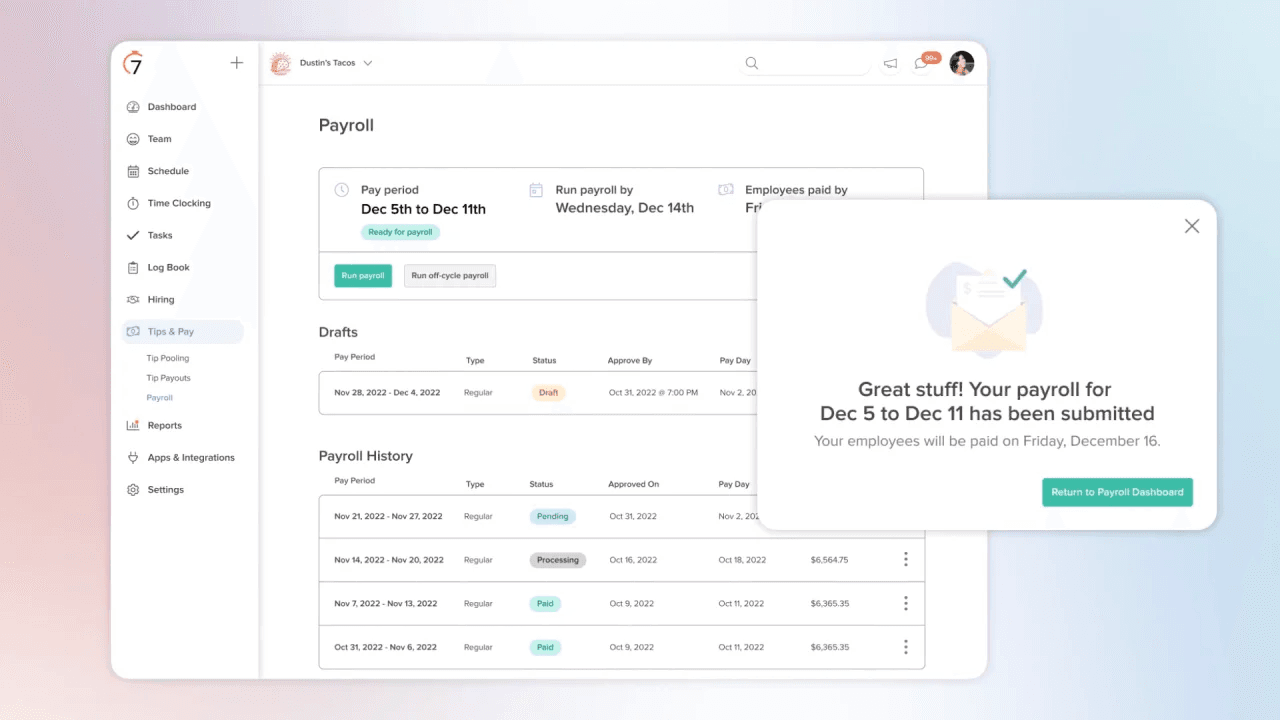7shifts tip pooling and payroll screen for a restaurant team