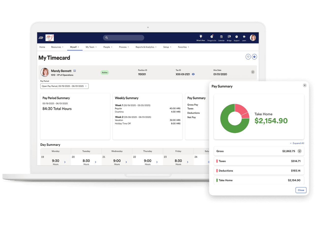 ADP RUN payroll dashboard with multi-state tax filing for restaurants