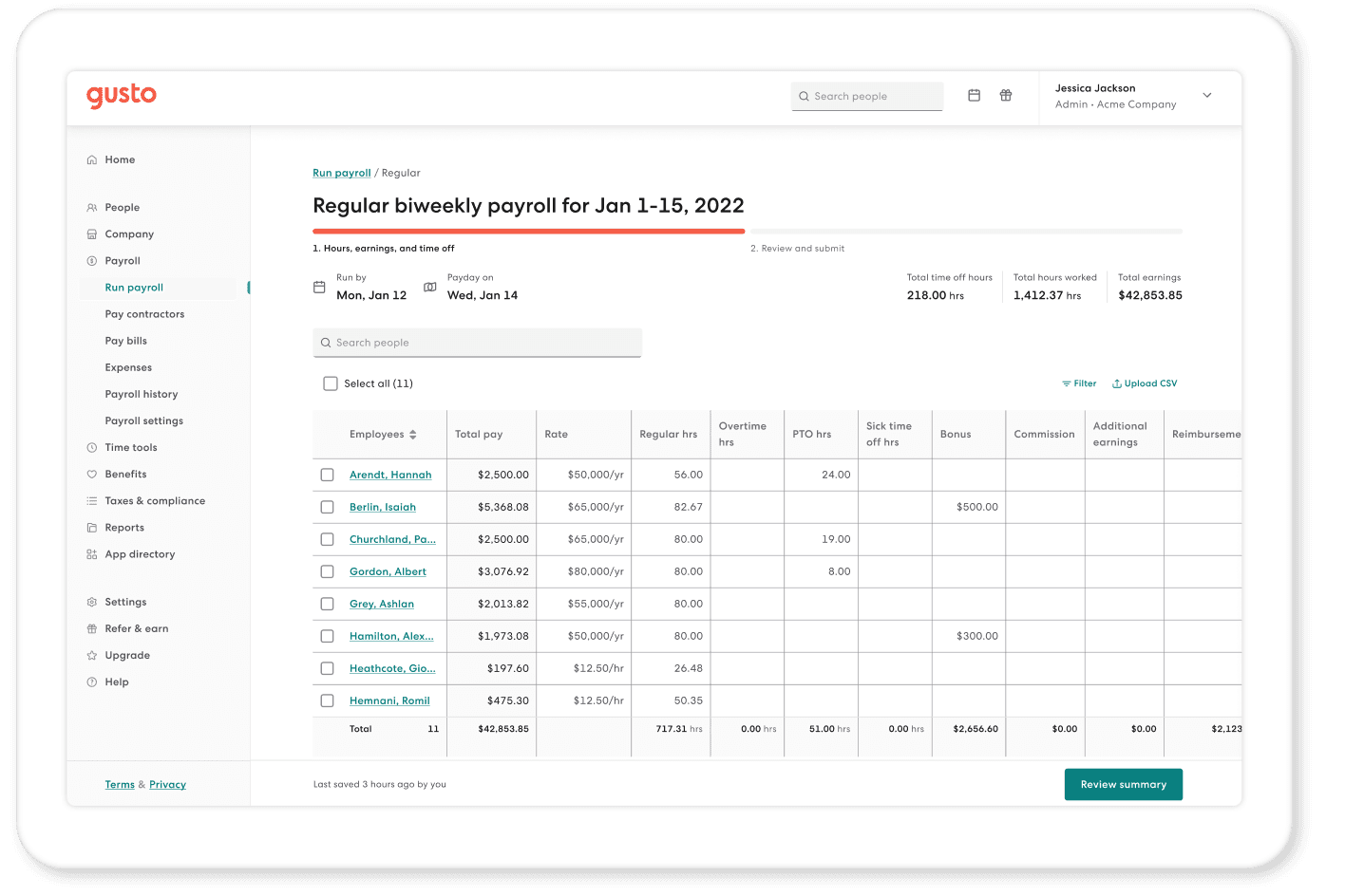 Gusto payroll run screen showing employee wages and tax filing