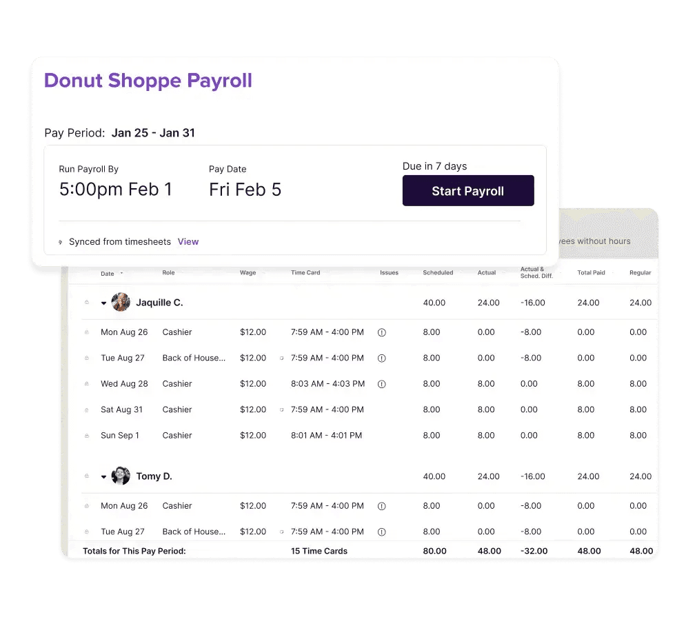 Homebase payroll dashboard showing restaurant timesheets, tips, and wages