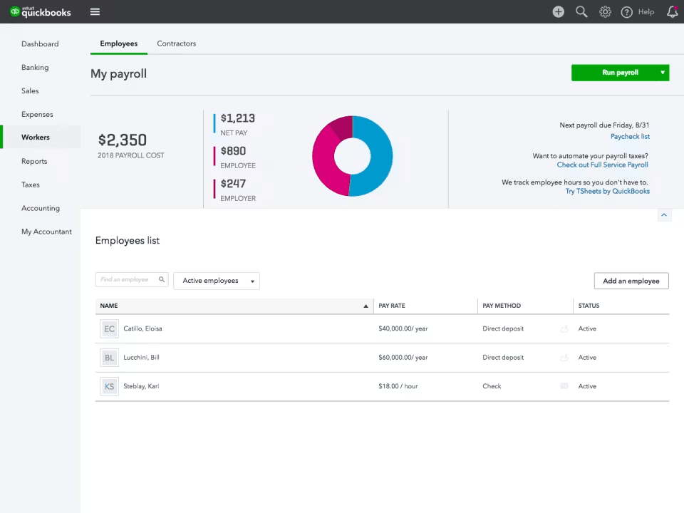 QuickBooks Payroll interface showing accounting integration for a small business.