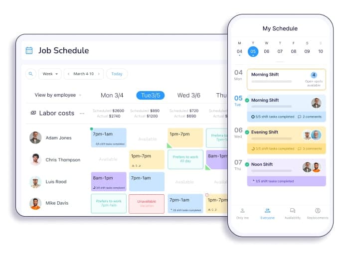 Desktop and mobile mockup showing illustration of job scheduling at connecteam's app