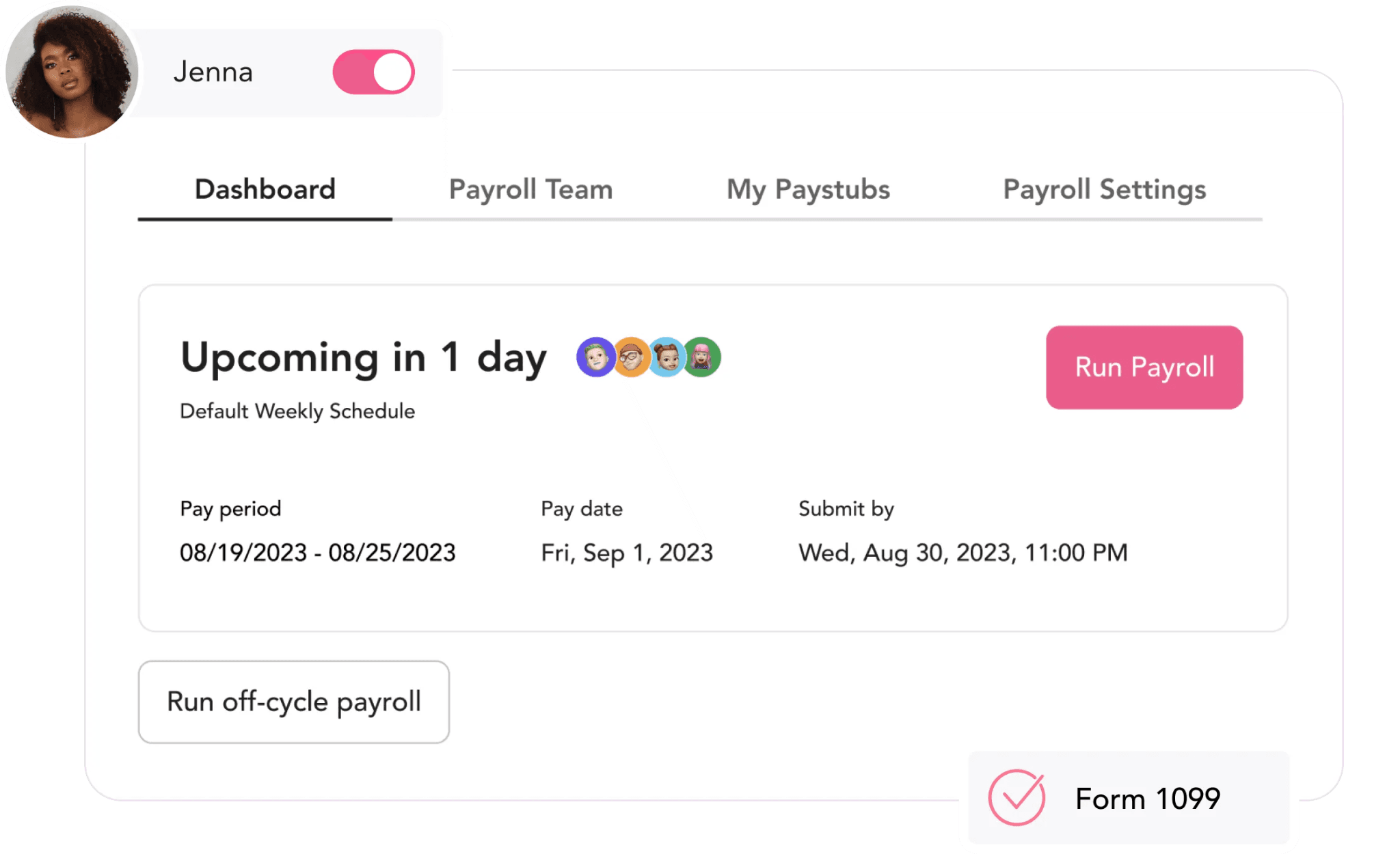 GlossGenius payroll software dashboard showing employees, schedules, and payroll.