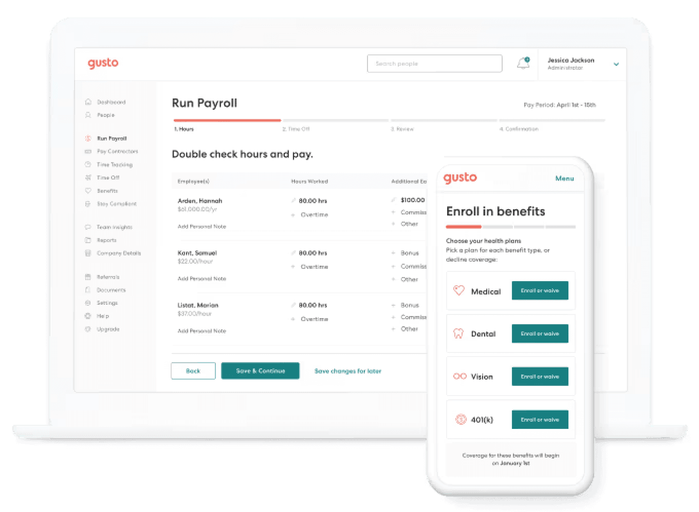 Gusto payroll dashboard and overview of employees, including hours worked and payment per hour.